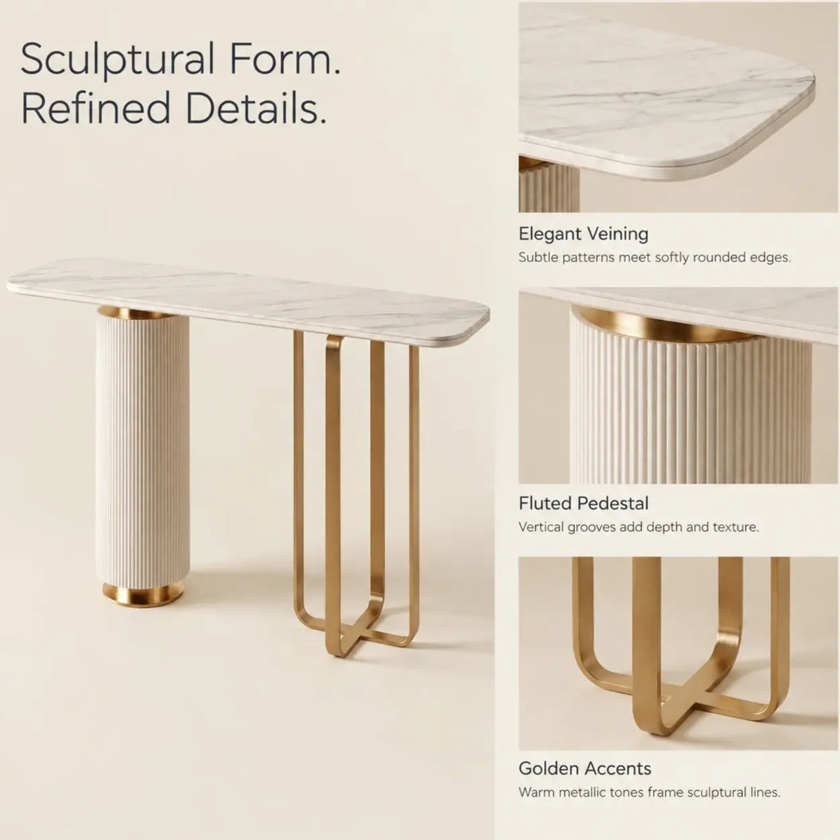 White Sintered Stone Console Table with Fluted Pedestal and Gold Metal Base Image - 4