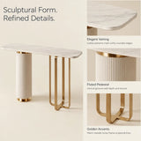 White Sintered Stone Console Table with Fluted Pedestal and Gold Metal Base Image - 4