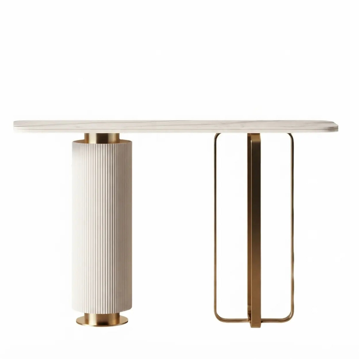 39.3"L x 15.7"W x 33.4"H White Sintered Stone Console Table with Fluted Pedestal and Gold Metal Base Image - 5