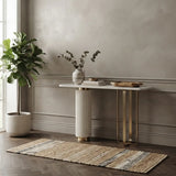White Sintered Stone Console Table with Fluted Pedestal and Gold Metal Base Image - 6