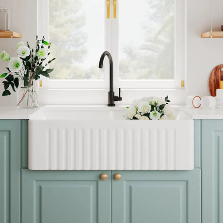 White Sound Dampening Rectangular Quartz Apron Sink Image - 1