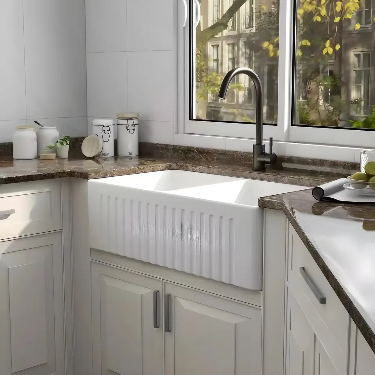 White Sound Dampening Rectangular Quartz Apron Sink Image - 5