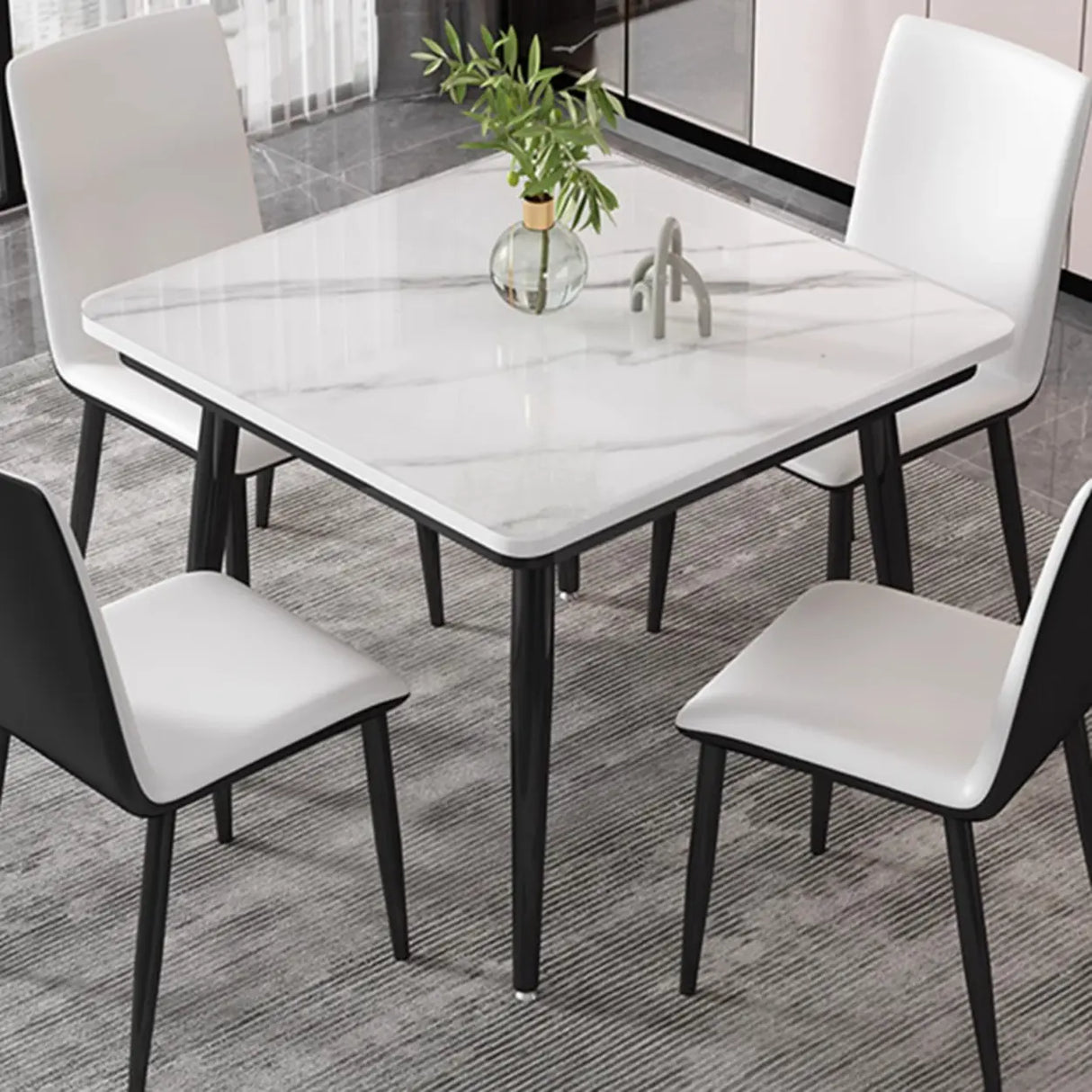 White Square Dining Table Set with Upholstered Chairs Image - 1