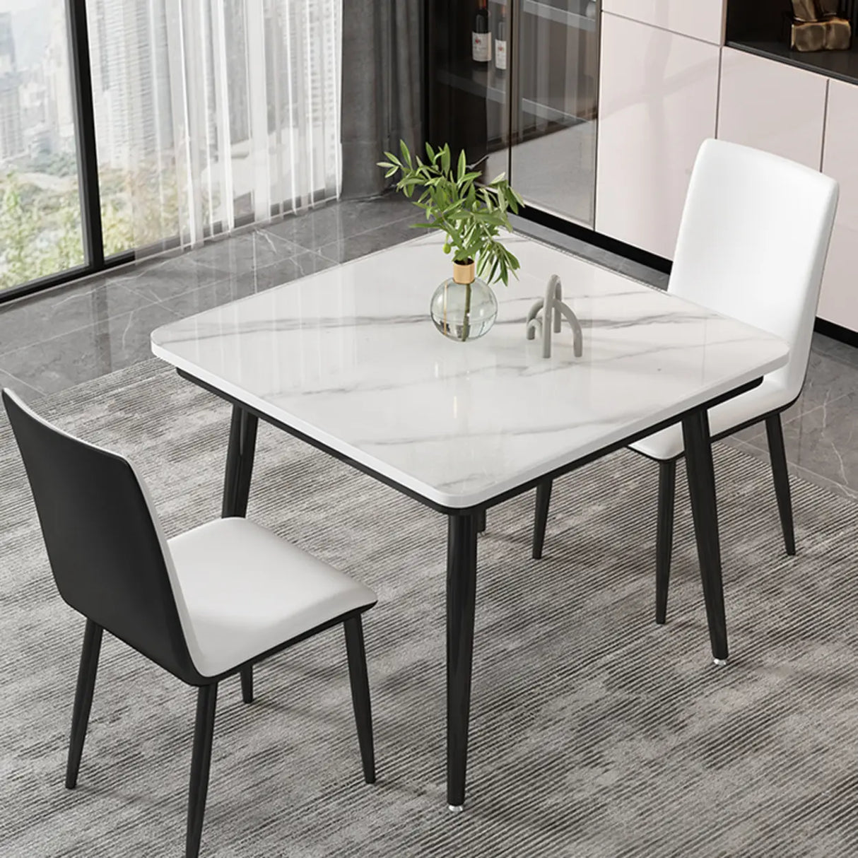 White Square Dining Table Set with Upholstered Chairs Image - 2