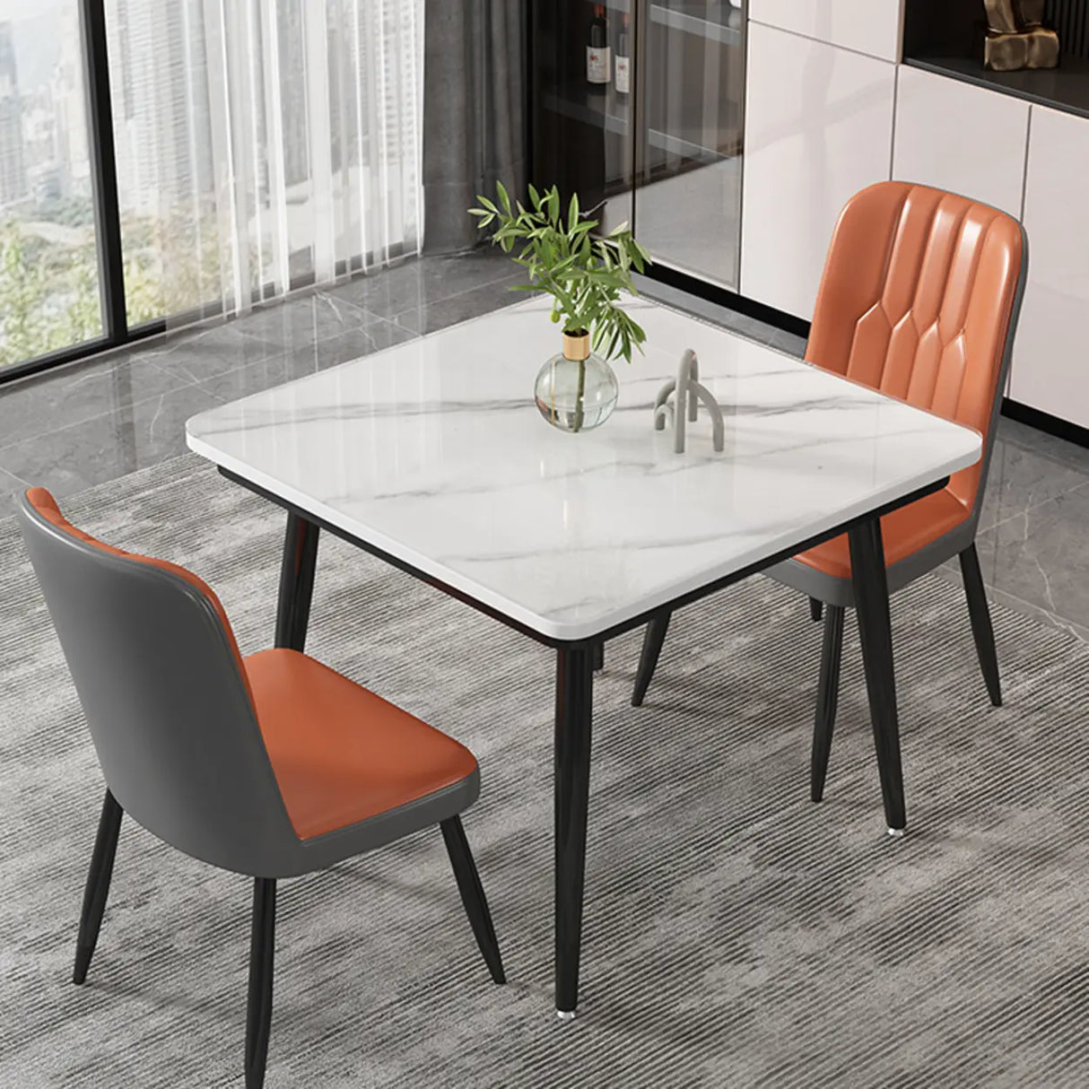 White Square Dining Table Set with Upholstered Chairs Image - 3