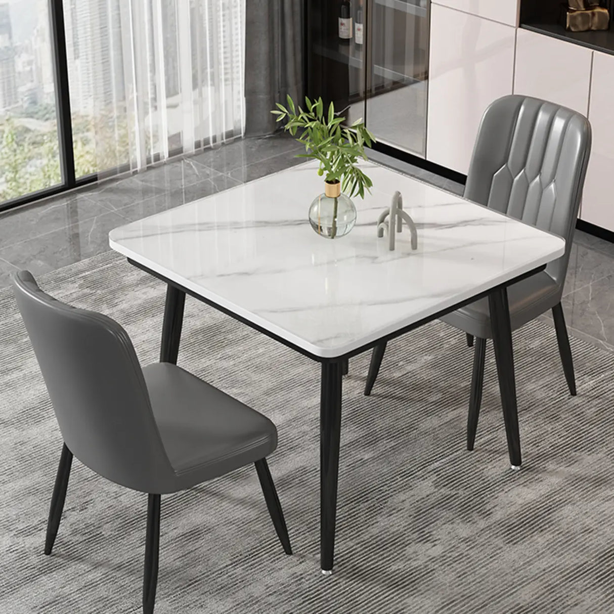 White Square Dining Table Set with Upholstered Chairs Image - 5