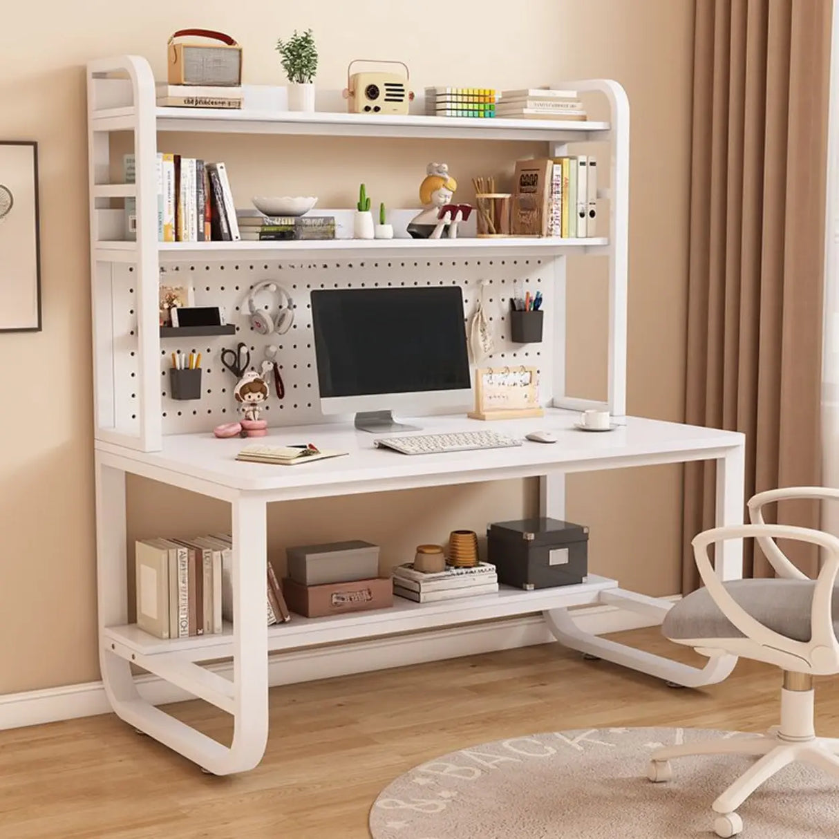 White Standard Wood Computer Desk with Shelf and Hunch Image - 1