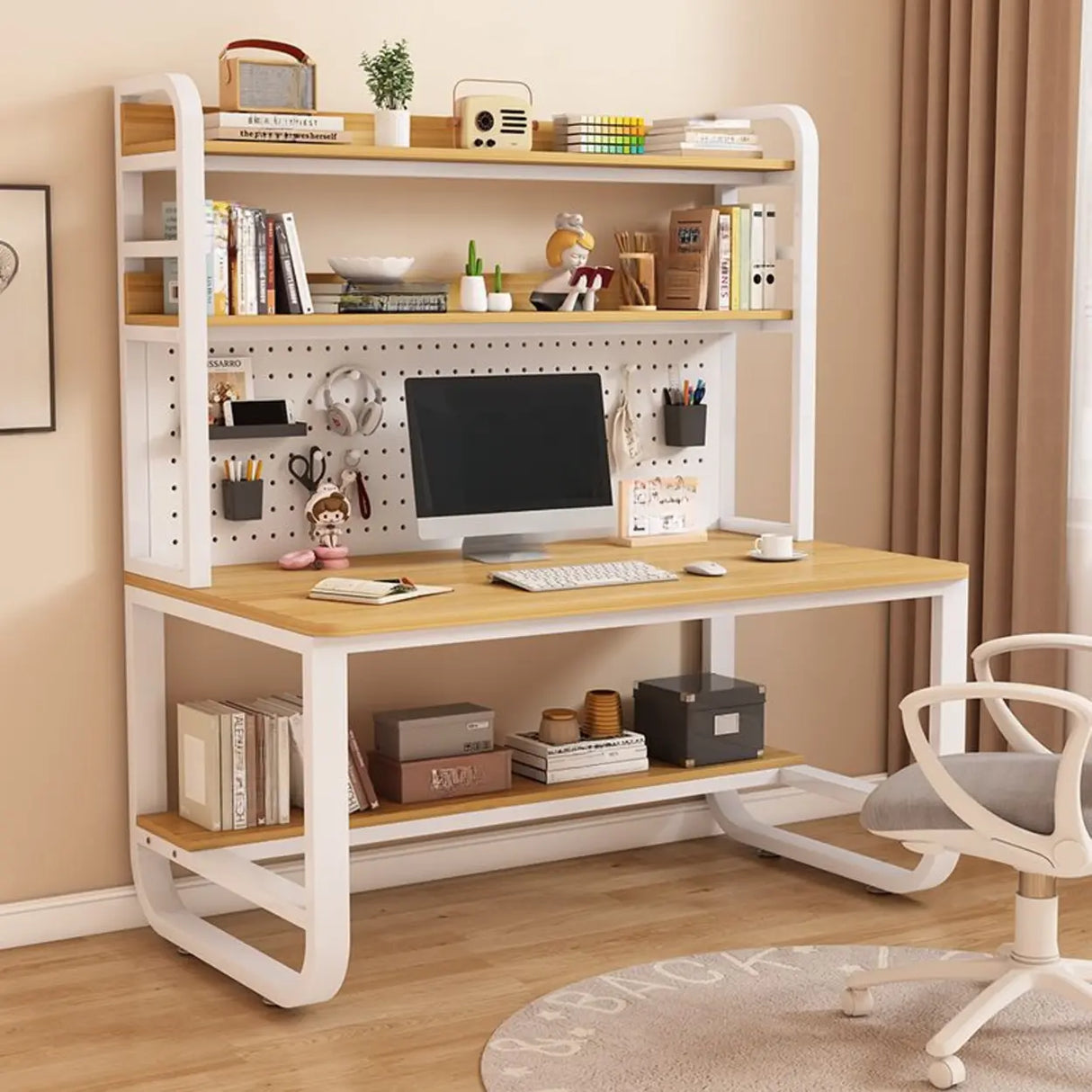 White Standard Wood Computer Desk with Shelf and Hunch Image - 3