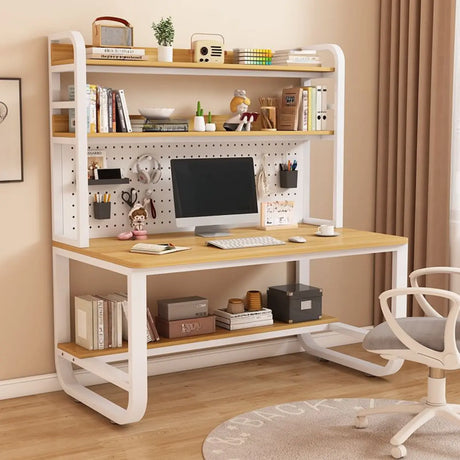 White Standard Wood Computer Desk with Shelf and Hunch Image - 3
