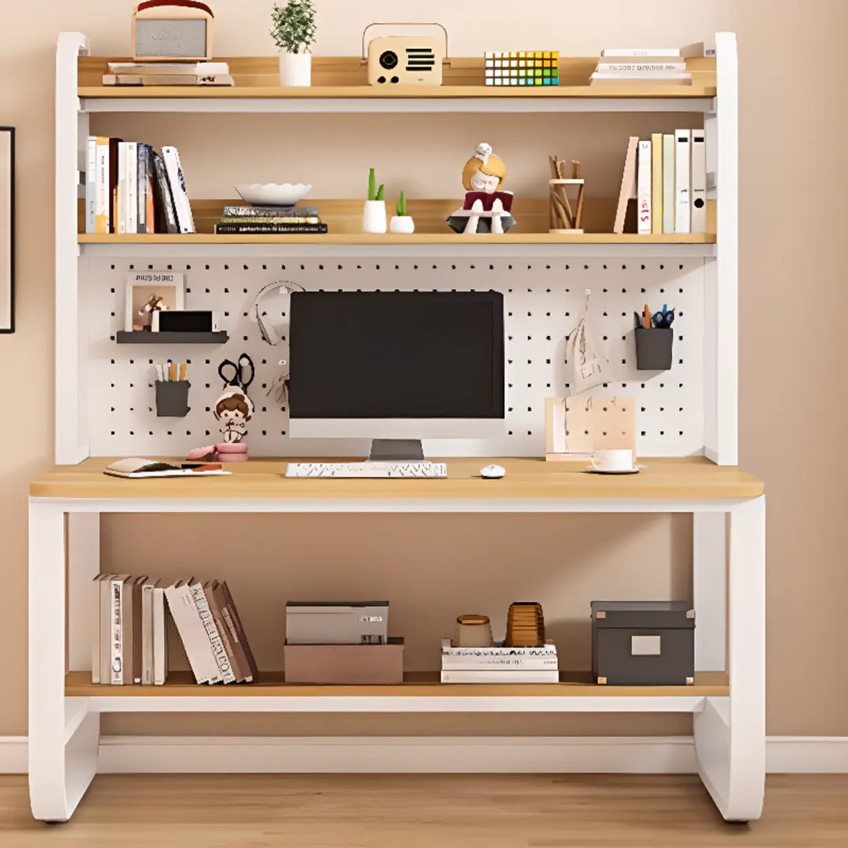 White Standard Wood Computer Desk with Shelf and Hunch Image - 2
