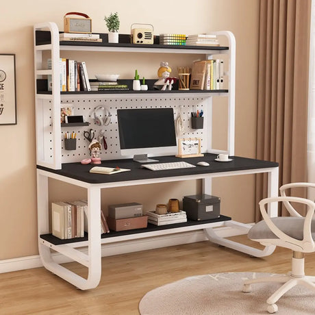 White Standard Wood Computer Desk with Shelf and Hunch Image - 4