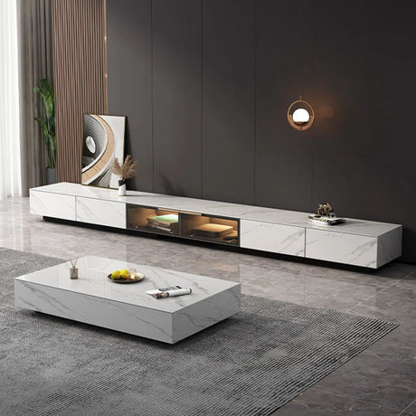 White Stone Drawers Cabinet TV Stand with Lighting Image - 1