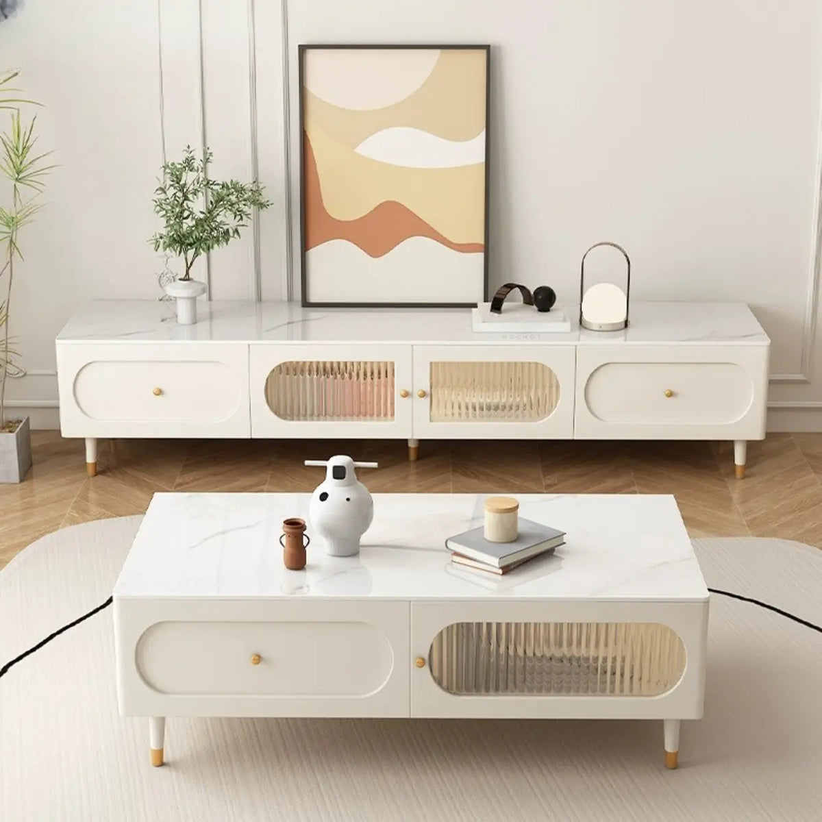 White Stone Drawers Shelves Long Rectangle TV Stand – Homebaa