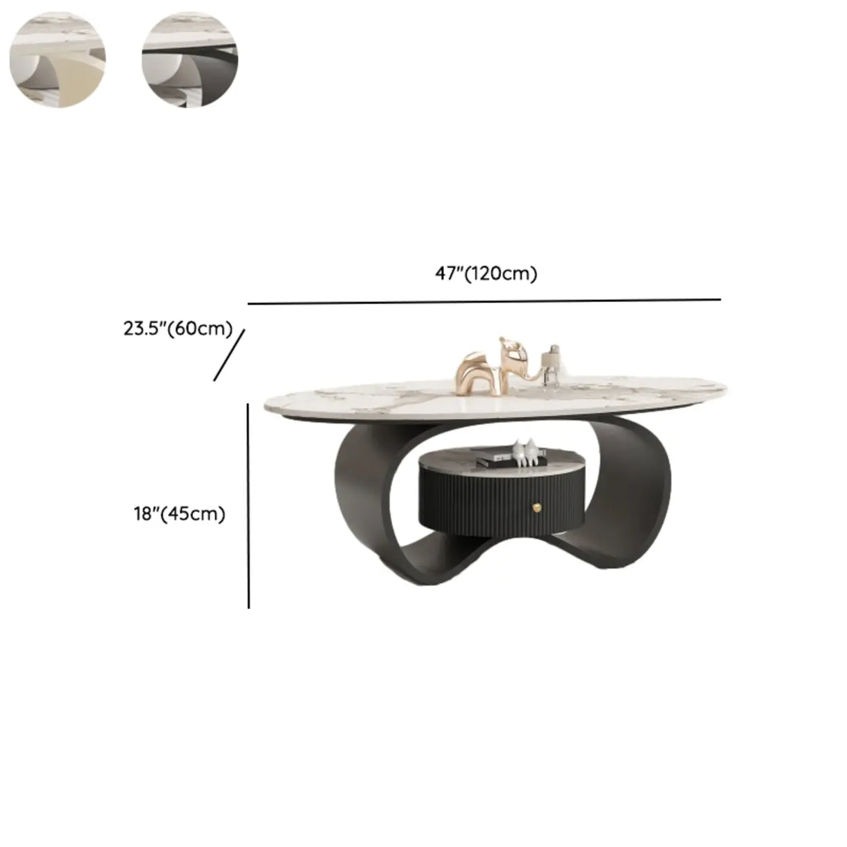 White Stone Oval Abstract Base Coffee Table with Drawer Image - 13