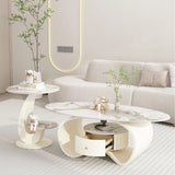 White Stone Oval Abstract Base Coffee Table with Drawer Image - 4
