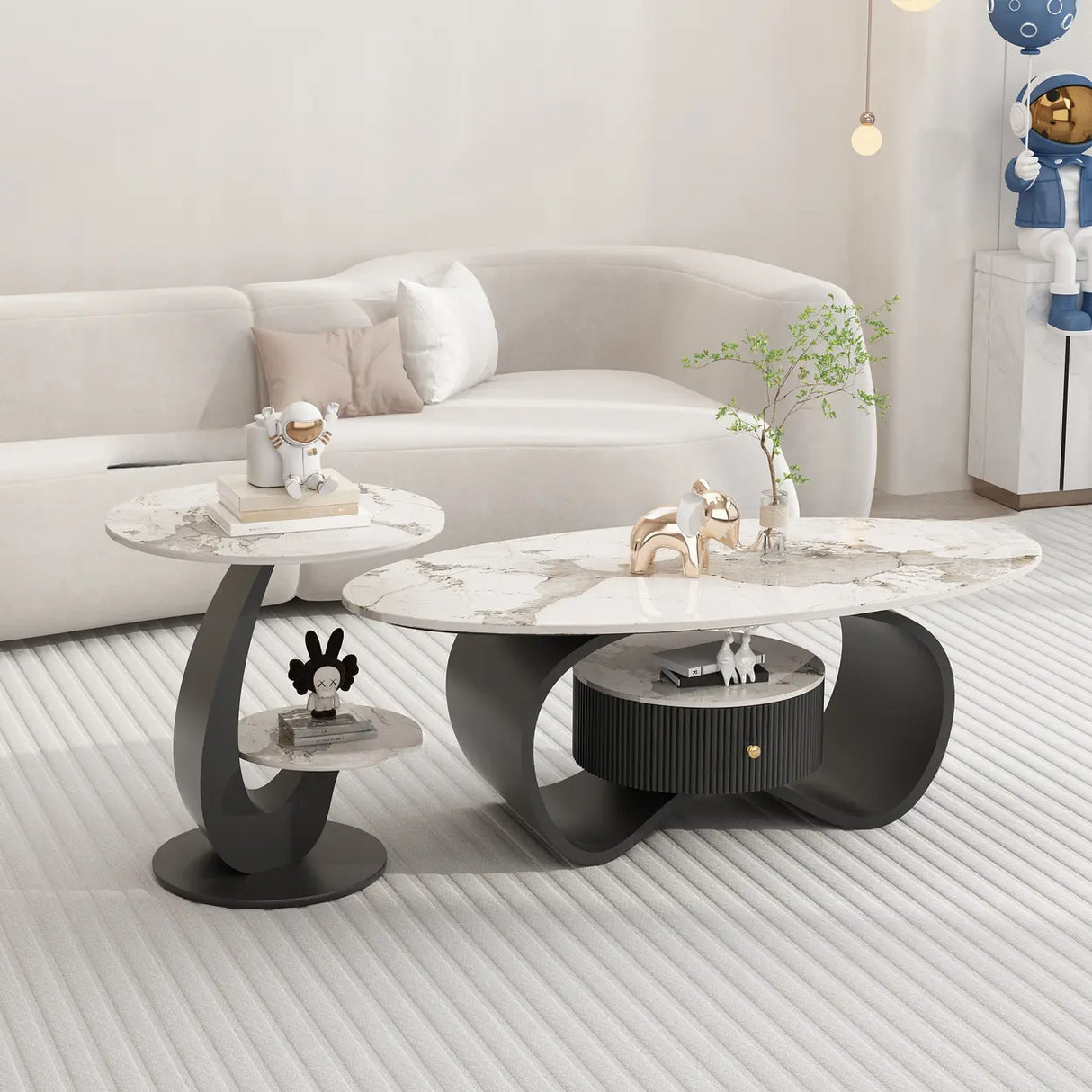 White Stone Oval Abstract Base Coffee Table with Drawer Image - 5