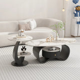 White Stone Oval Abstract Base Coffee Table with Drawer Image - 5