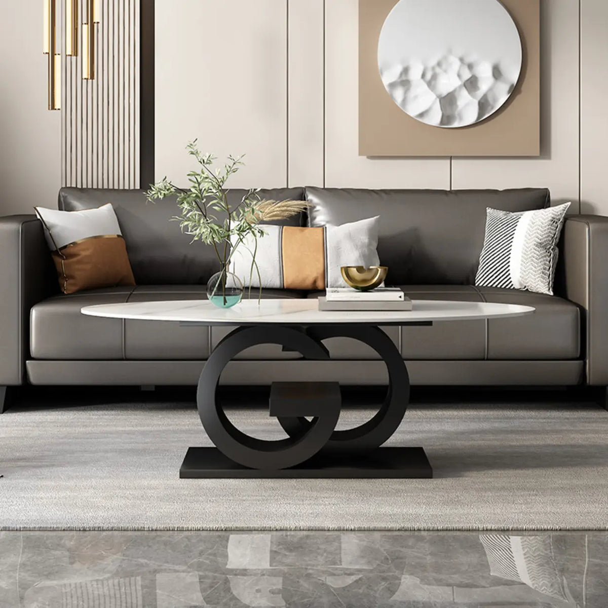 White Stone Oval Abstract Steel Base Coffee Table – Homebaa
