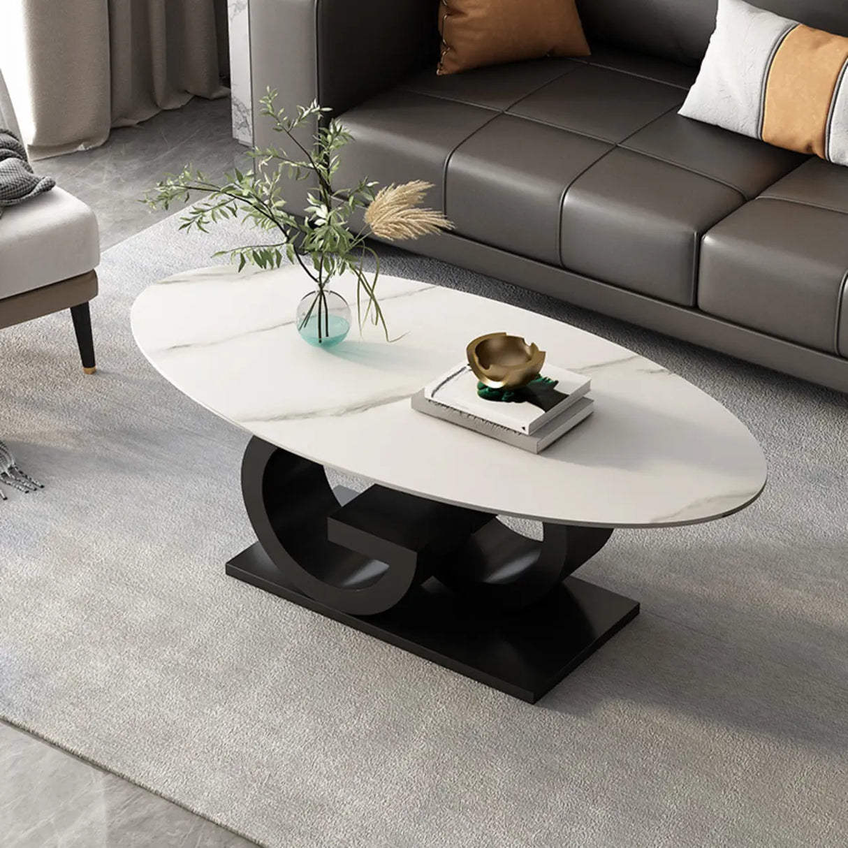 White Stone Oval Abstract Steel Base Coffee Table Image - 2