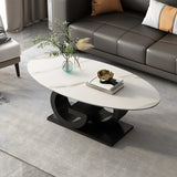 White Stone Oval Abstract Steel Base Coffee Table Image - 2