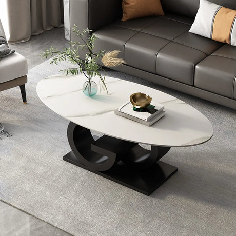White Stone Oval Abstract Steel Base Coffee Table Image - 2