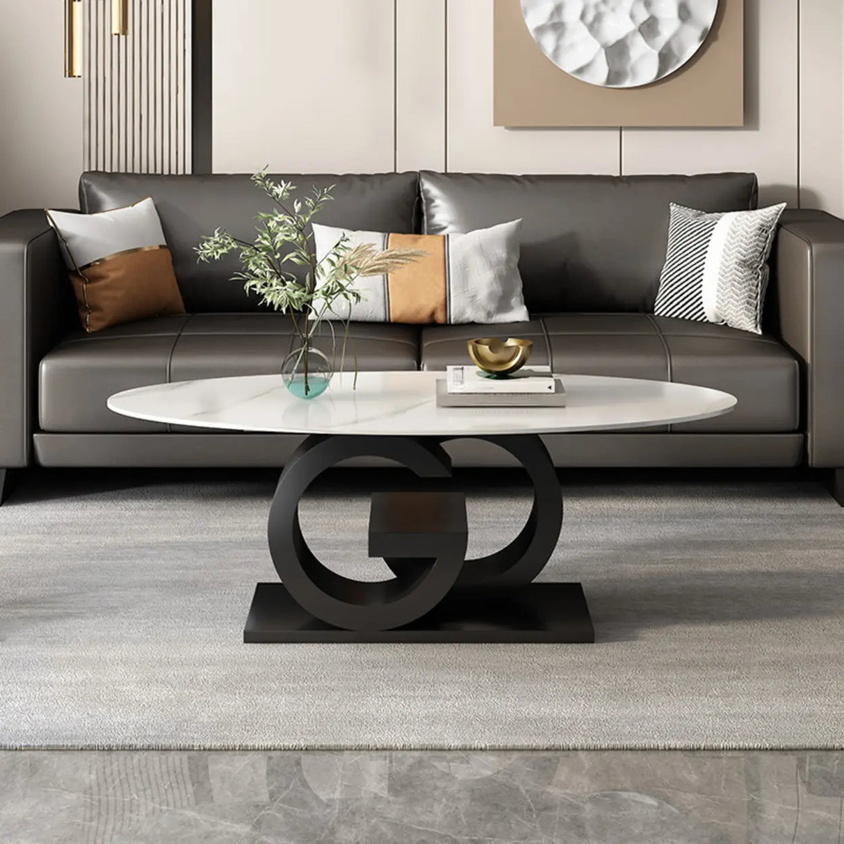 White Stone Oval Abstract Steel Base Coffee Table Image - 3