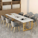 White Stone Rectangle Gold Steel Sled Conference Desk Image - 4