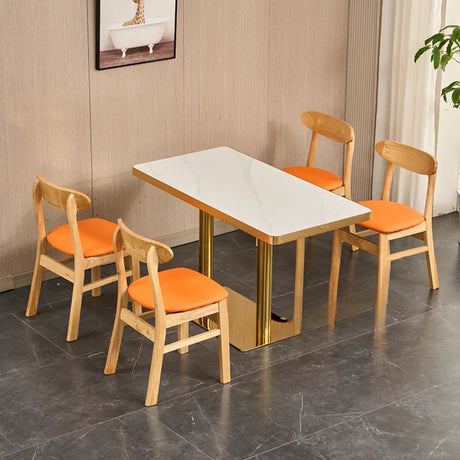 White Stone Rectangle Iron Trestle Dining Table Set Image - 2