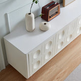 White Stone Rectangle Shelves Cabinet Long TV Stand Image - 7