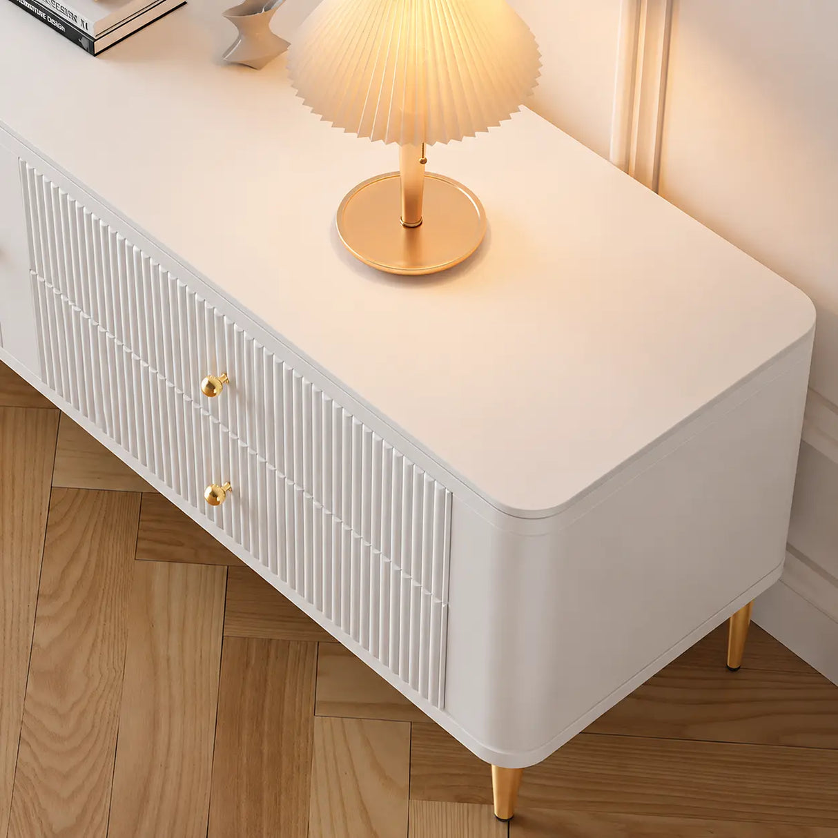 White Stone Rectangle Storage TV Stand with Lighting Image - 7