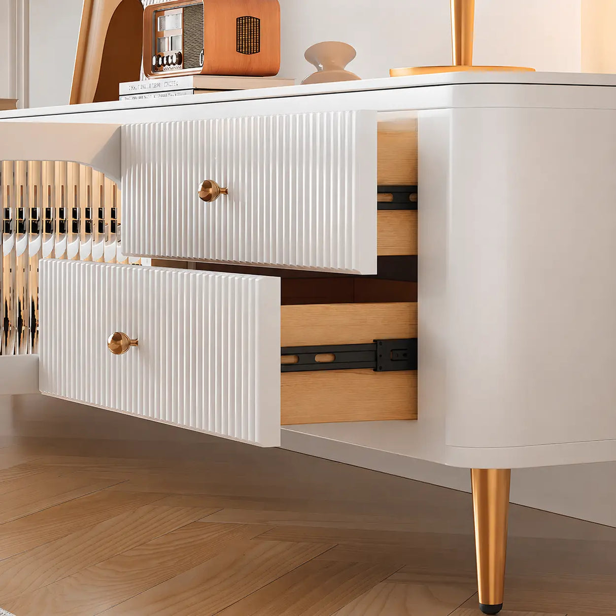 White Stone Rectangle Storage TV Stand with Lighting Image - 9