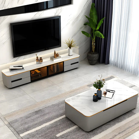White Stone Rectangular Coffee Table with Drawers Image - 1