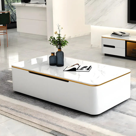 White Stone Rectangular Coffee Table with Drawers Image - 2
