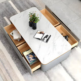 White Stone Rectangular Coffee Table with Drawers Image - 4