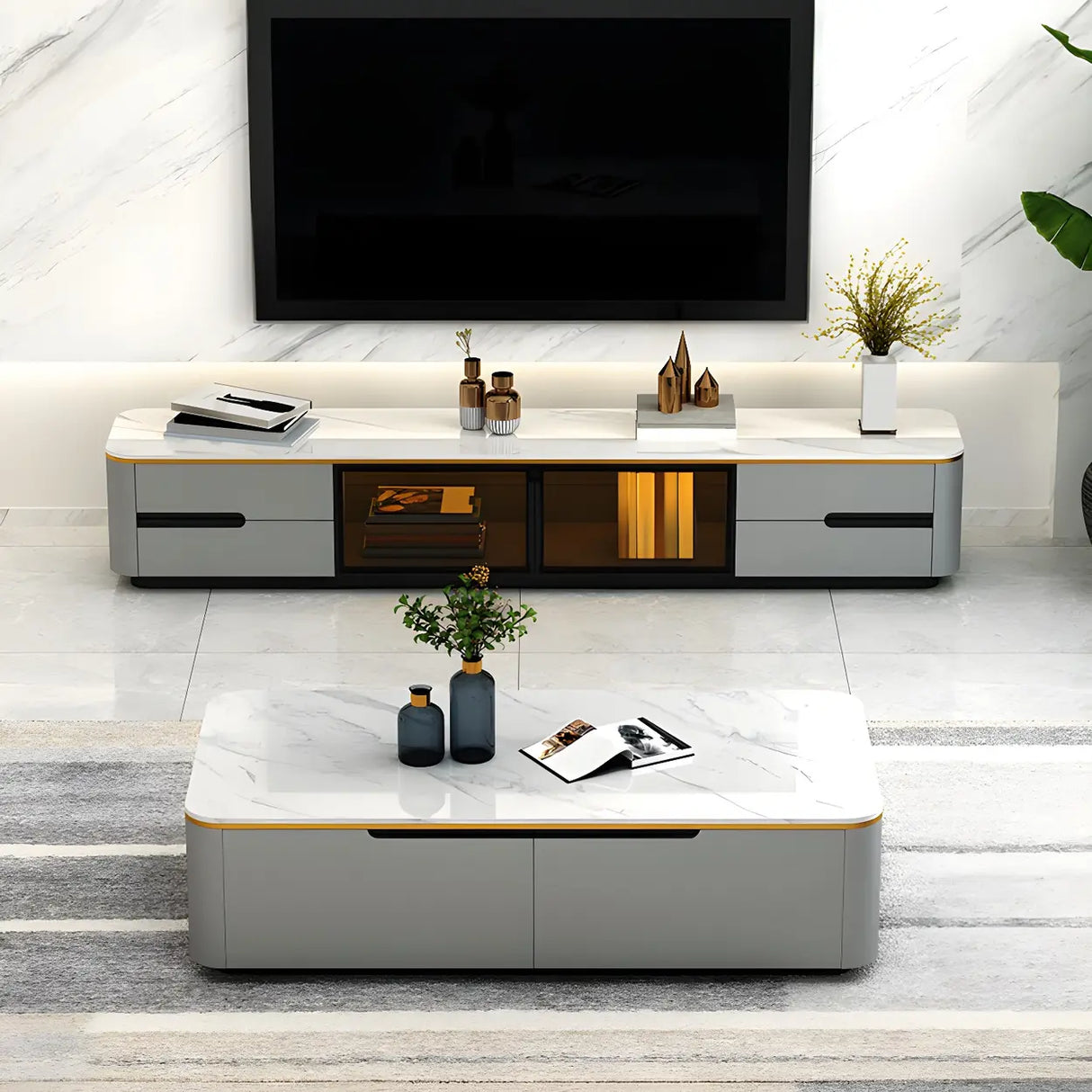 White Stone Rectangular Coffee Table with Drawers Image - 5