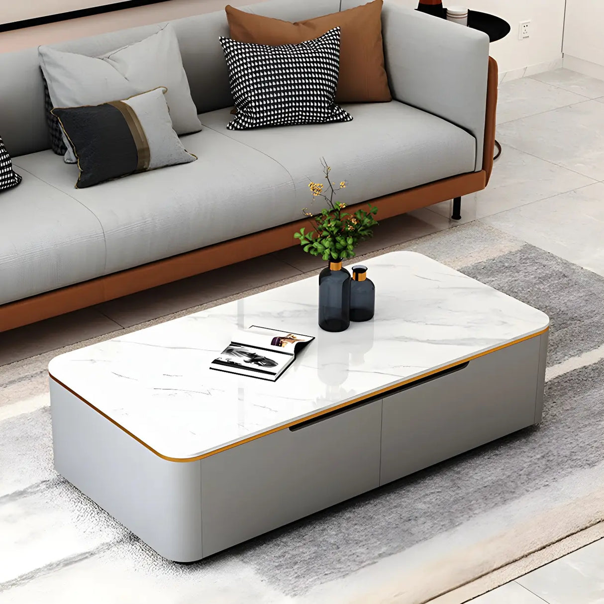 White Stone Rectangular Coffee Table with Drawers Image - 6