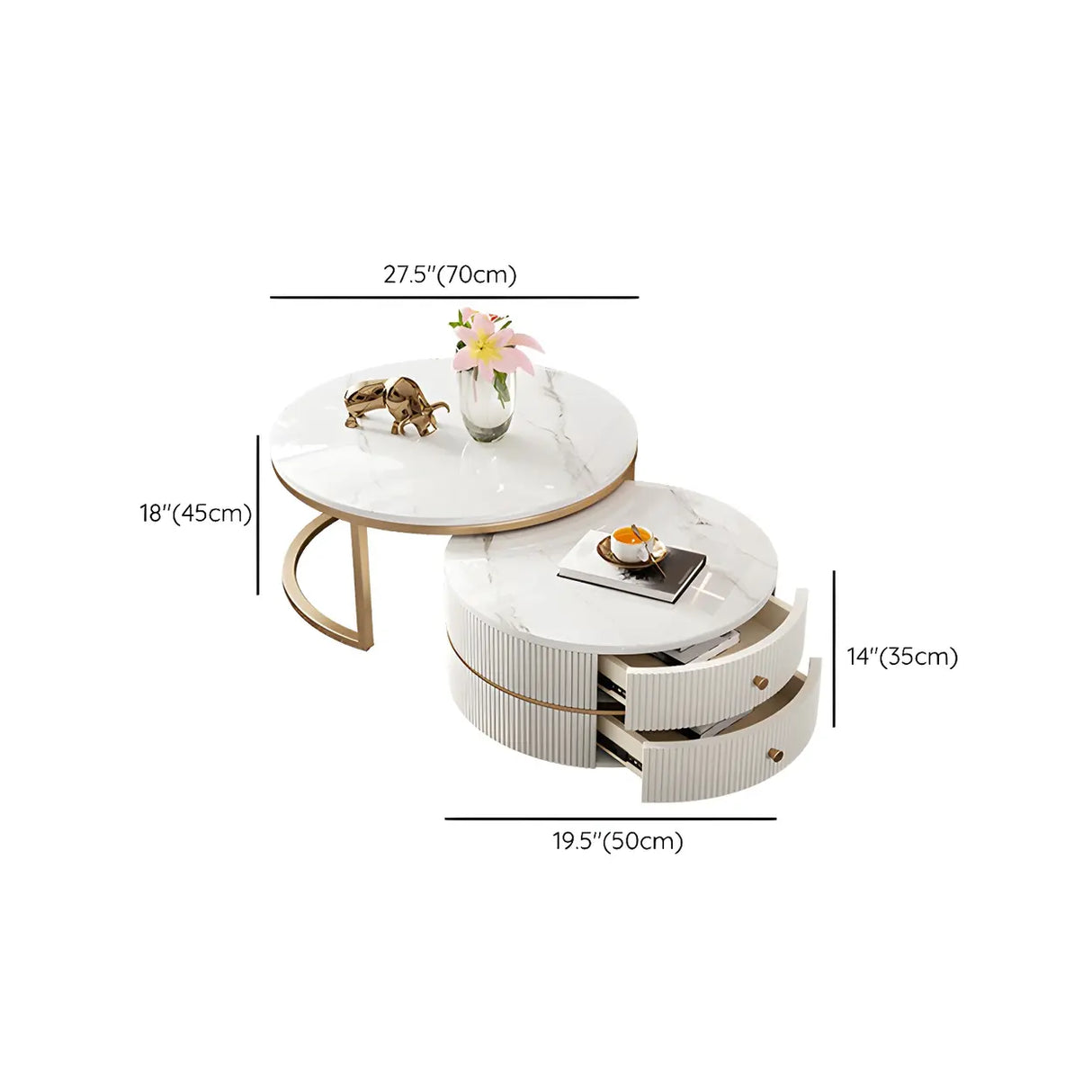 White Stone Round Coffee Table Set with Storage 