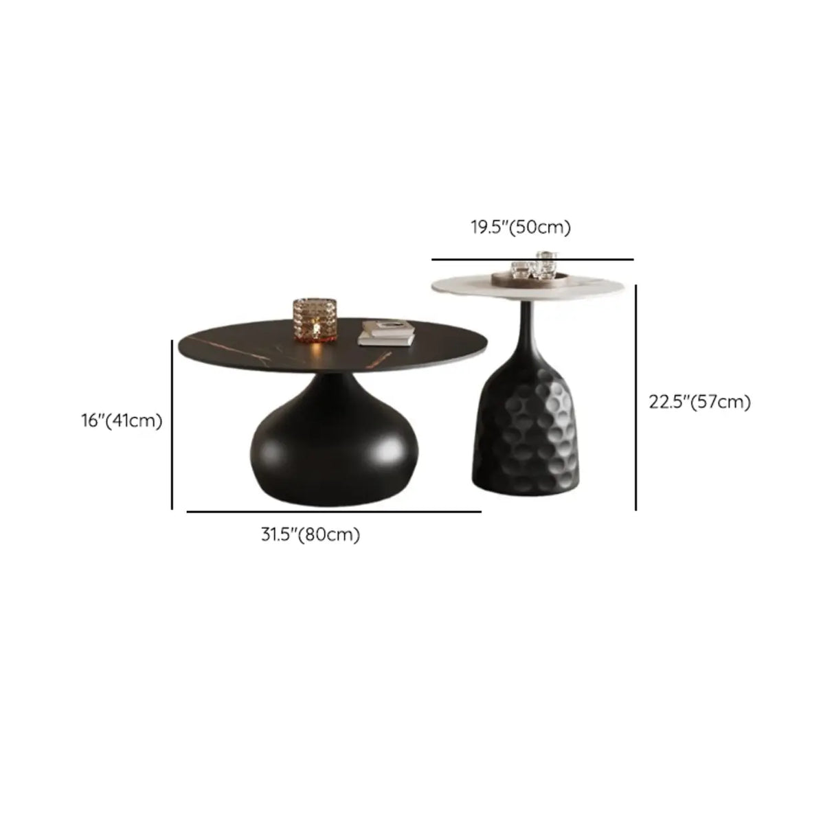 White Stone Round Metal Base Nesting Coffee Tables Image - 15