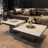 White Stone Square Black Wood Base Fixed Coffee Table Image - 1