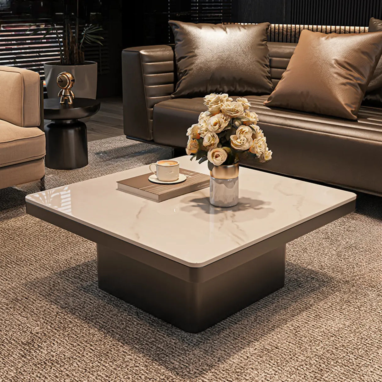 White Stone Square Black Wood Base Fixed Coffee Table Image - 2