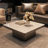 White Stone Square Black Wood Base Fixed Coffee Table Image - 2