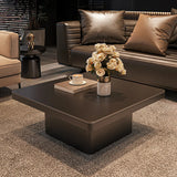 White Stone Square Black Wood Base Fixed Coffee Table Image - 3