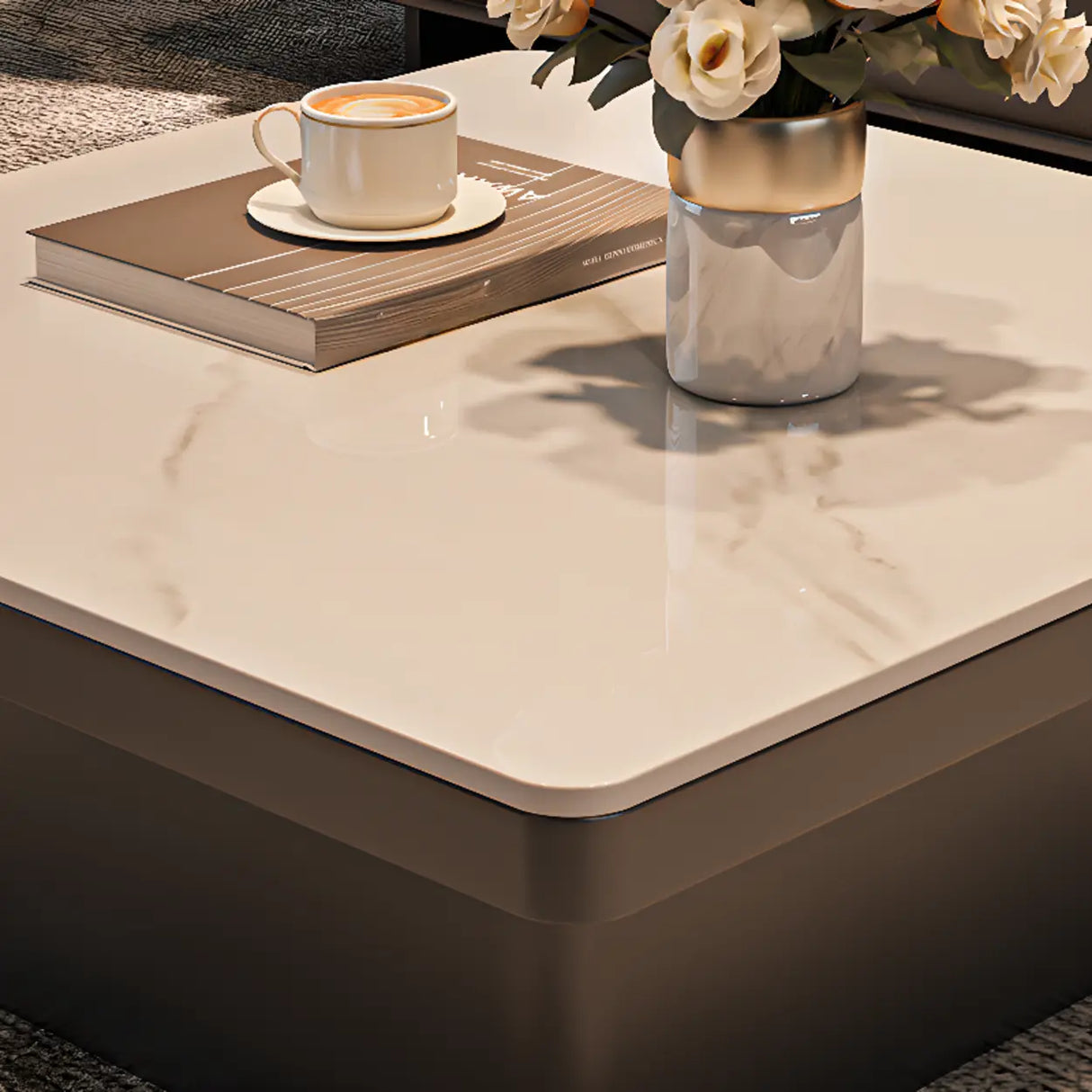 White Stone Square Black Wood Base Fixed Coffee Table Image - 4
