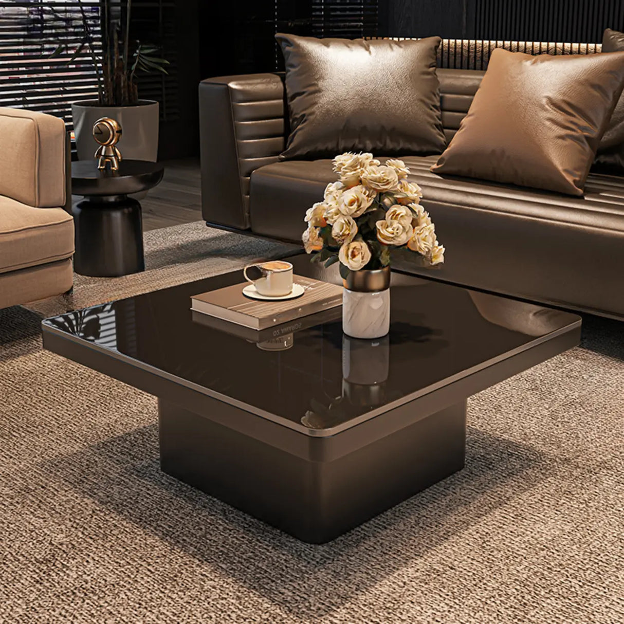 White Stone Square Black Wood Base Fixed Coffee Table Image - 5