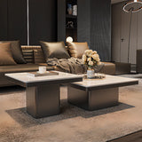 White Stone Square Black Wood Base Fixed Coffee Table Image - 6