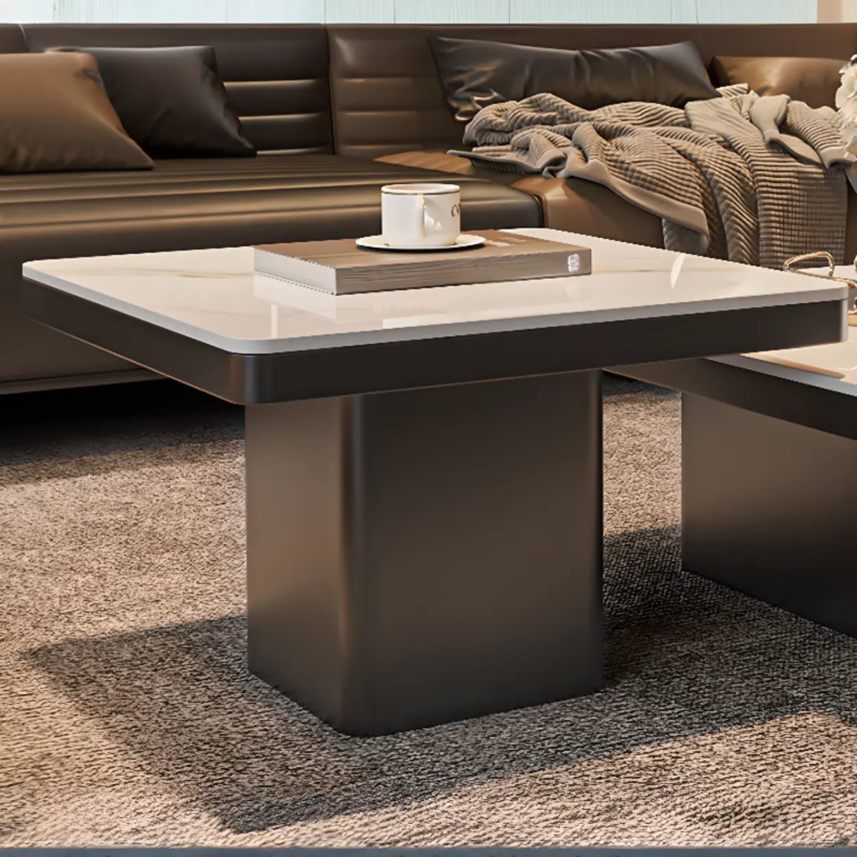 White Stone Square Black Wood Base Fixed Coffee Table Image - 8