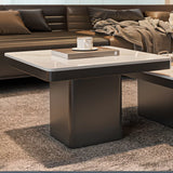 White Stone Square Black Wood Base Fixed Coffee Table Image - 8