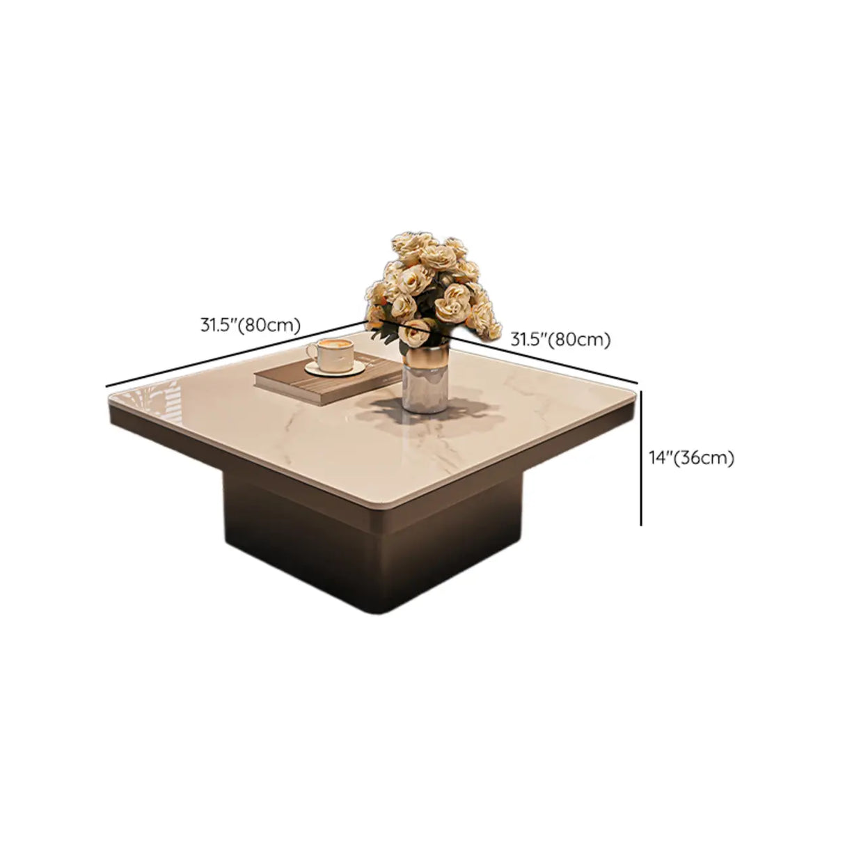 White Stone Square Black Wood Base Fixed Coffee Table Image - 10