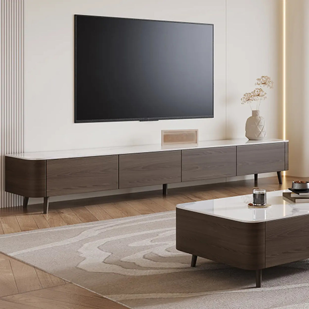 White Stone Top Drawers TV Stand with Cable Management Image - 8