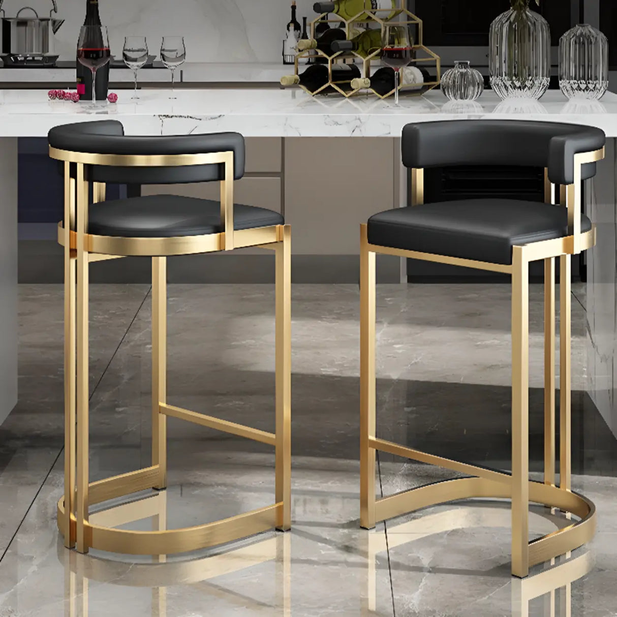 Lavish Midnight Black/White Tanned Hide Barrel Bar Stools with Backrest and Foot Pedestal Image - 4